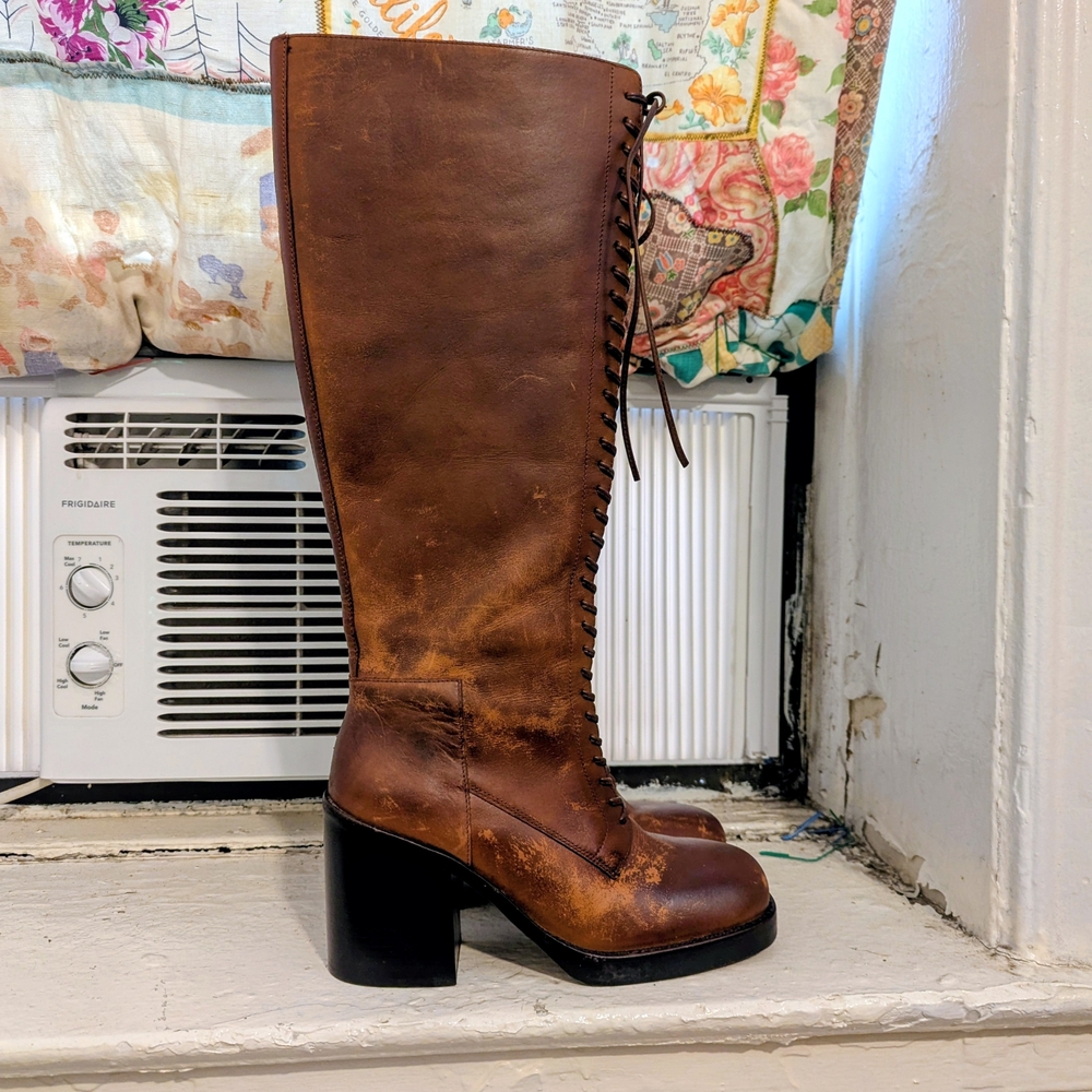 Jeffrey Campbell x Anthropologie Distressed Leather Lace-Up Knee-High Boots